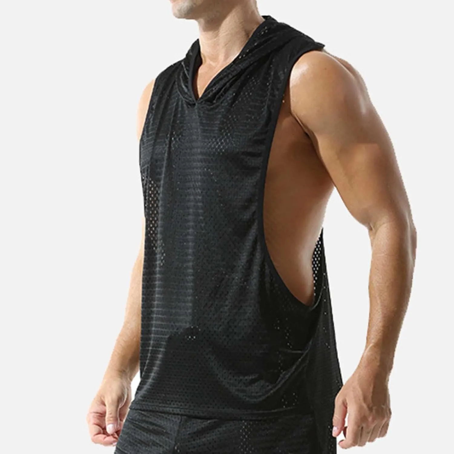 Mesh Hollow Out Sleeveless Hoodie for Men Training Fitness Workout Cut Open Tank Casual Fashion Quick Drying Tops