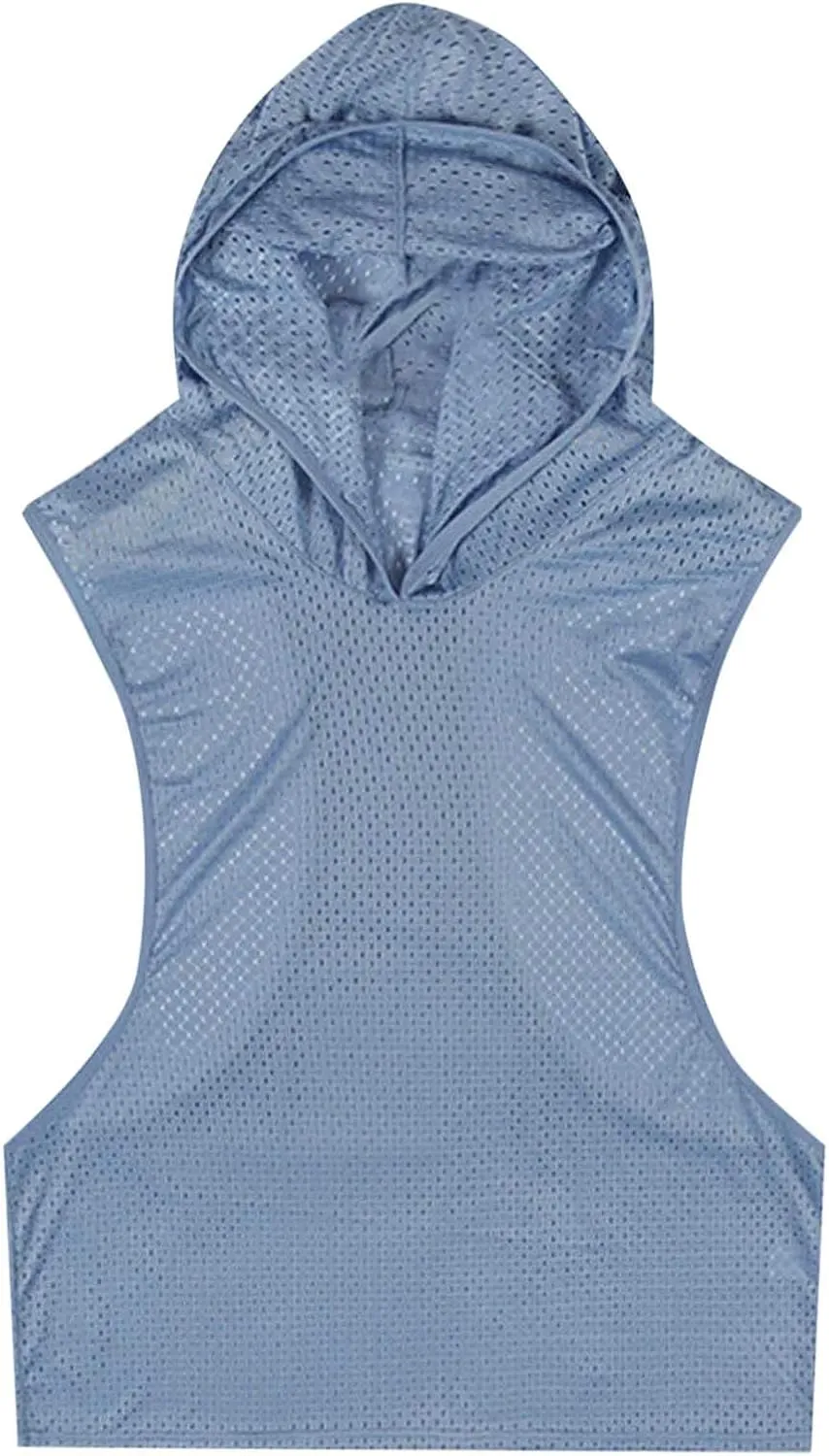 Mesh Hollow Out Sleeveless Hoodie for Men Training Fitness Workout Cut Open Tank Casual Fashion Quick Drying Tops