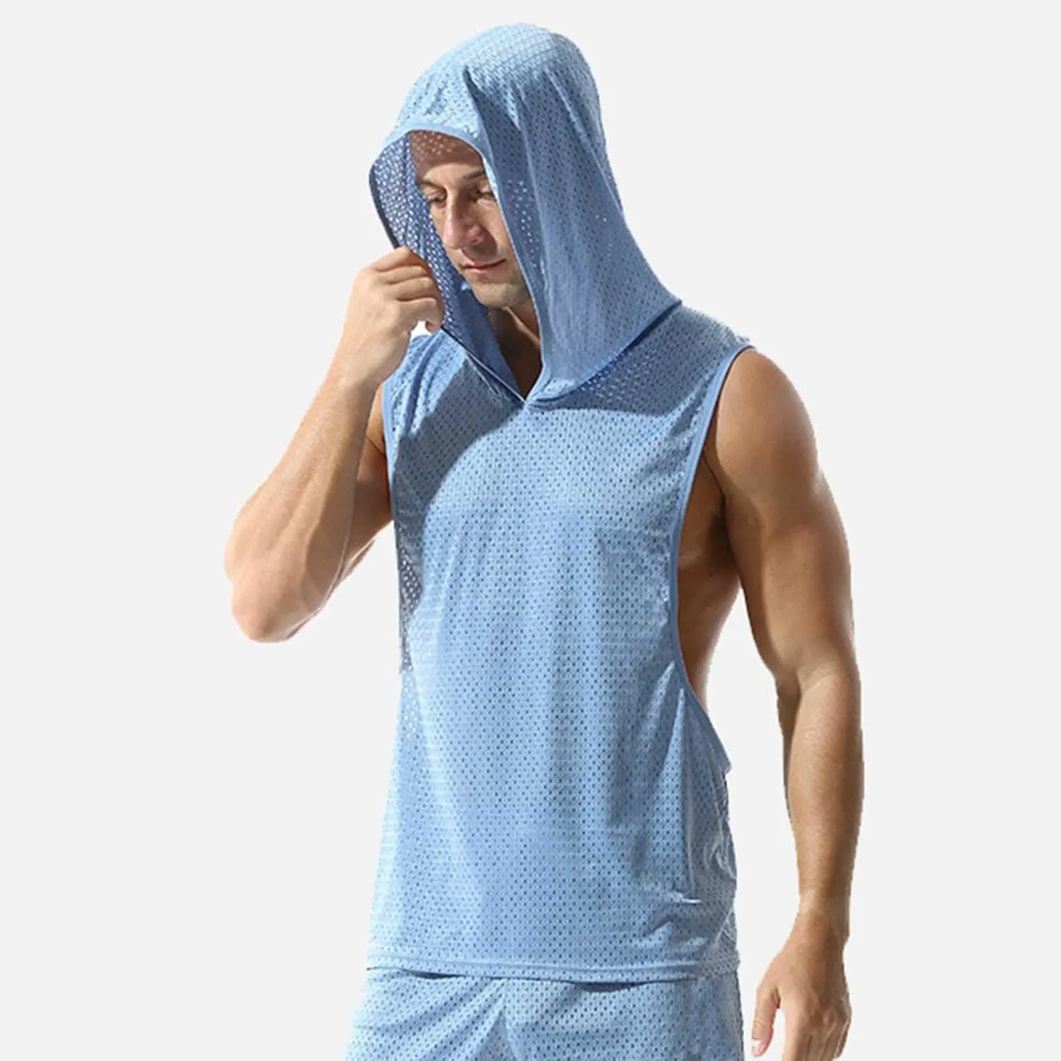Mesh Hollow Out Sleeveless Hoodie for Men Training Fitness Workout Cut Open Tank Casual Fashion Quick Drying Tops