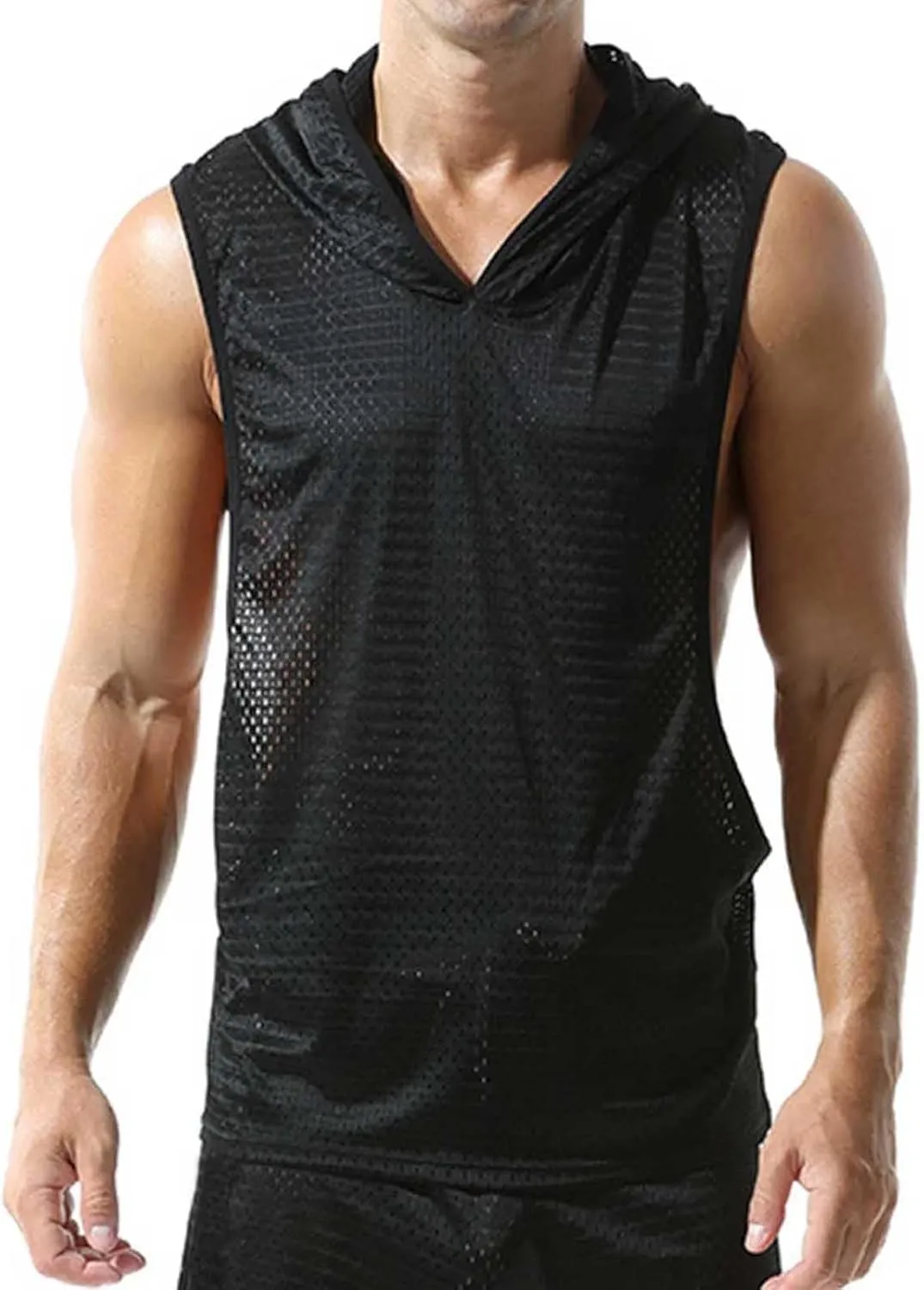 Mesh Hollow Out Sleeveless Hoodie for Men Training Fitness Workout Cut Open Tank Casual Fashion Quick Drying Tops