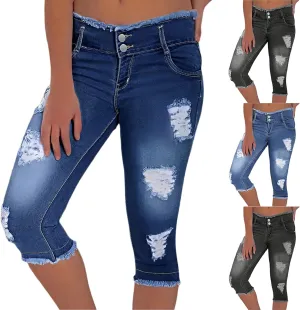 midelxp Capri Jeans for Women Stretch Low Rise Ripped Jeans with Pockets Sexy Skinny Distressed Denim Capris Y2k Crop Pants