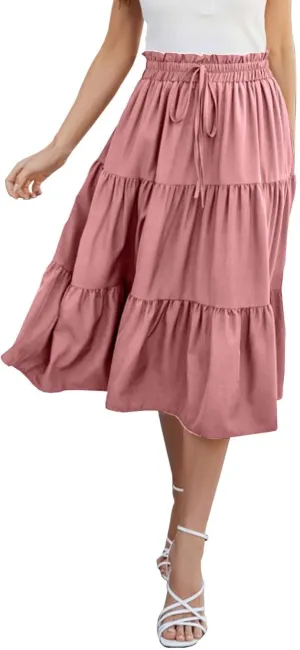Midi Skirts for Women Trendy Casual Flowy A Line Elastic Tie Waist Tiered Ruffle Pleated Swing Boho Long Skirt Dress