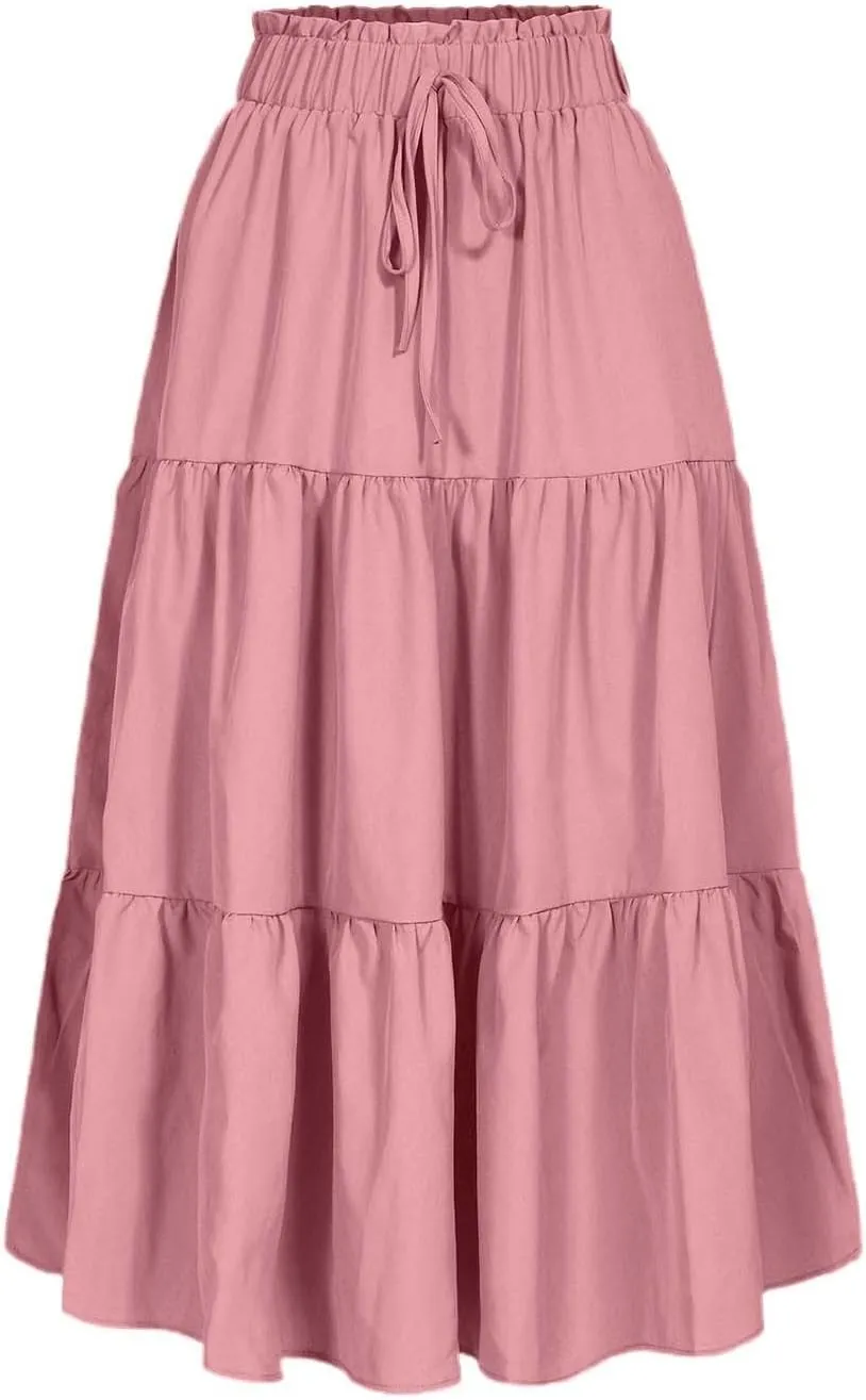 Midi Skirts for Women Trendy Casual Flowy A Line Elastic Tie Waist Tiered Ruffle Pleated Swing Boho Long Skirt Dress