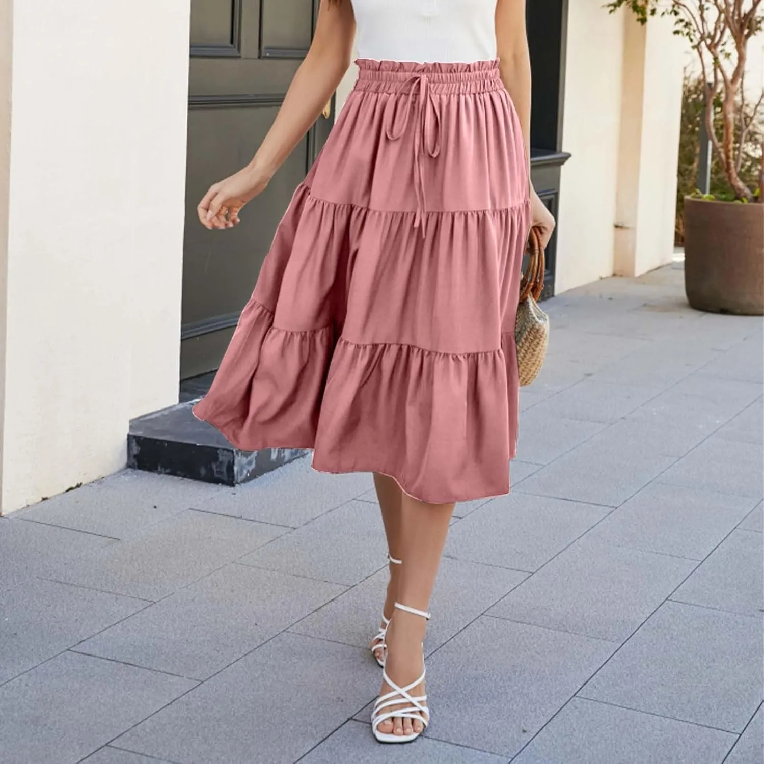 Midi Skirts for Women Trendy Casual Flowy A Line Elastic Tie Waist Tiered Ruffle Pleated Swing Boho Long Skirt Dress