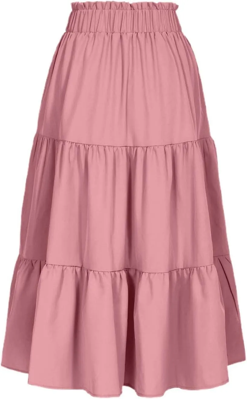 Midi Skirts for Women Trendy Casual Flowy A Line Elastic Tie Waist Tiered Ruffle Pleated Swing Boho Long Skirt Dress