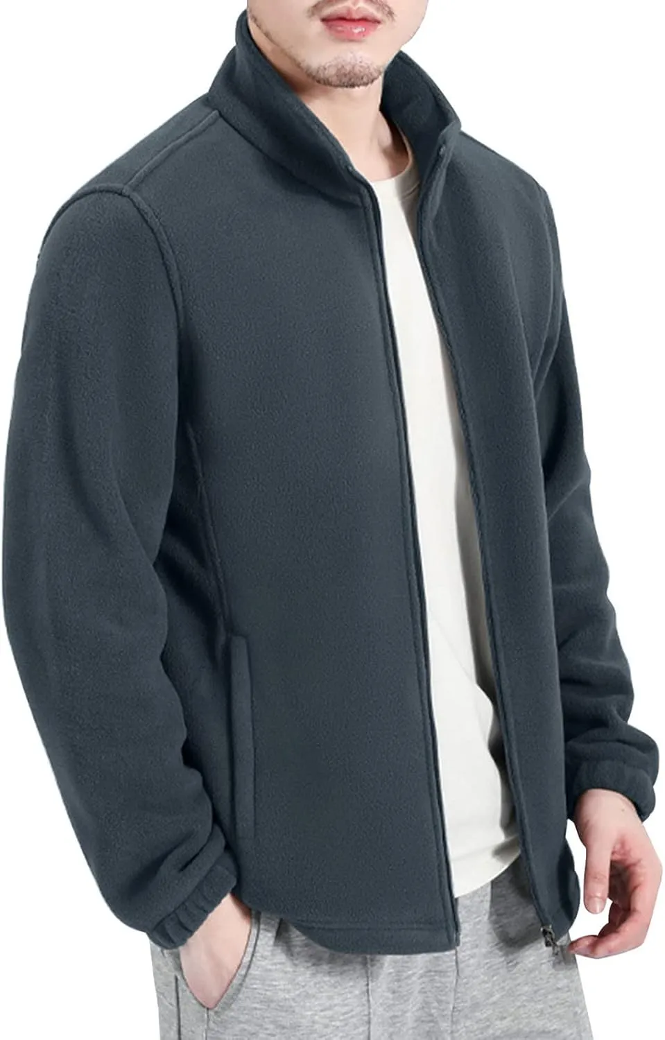 MIDOO Fleece Jacket Mens Full Zip Casual Collar Warm Cardigan Coat Jacket Solid Color Zipper Soft Top Coats for Men Winter
