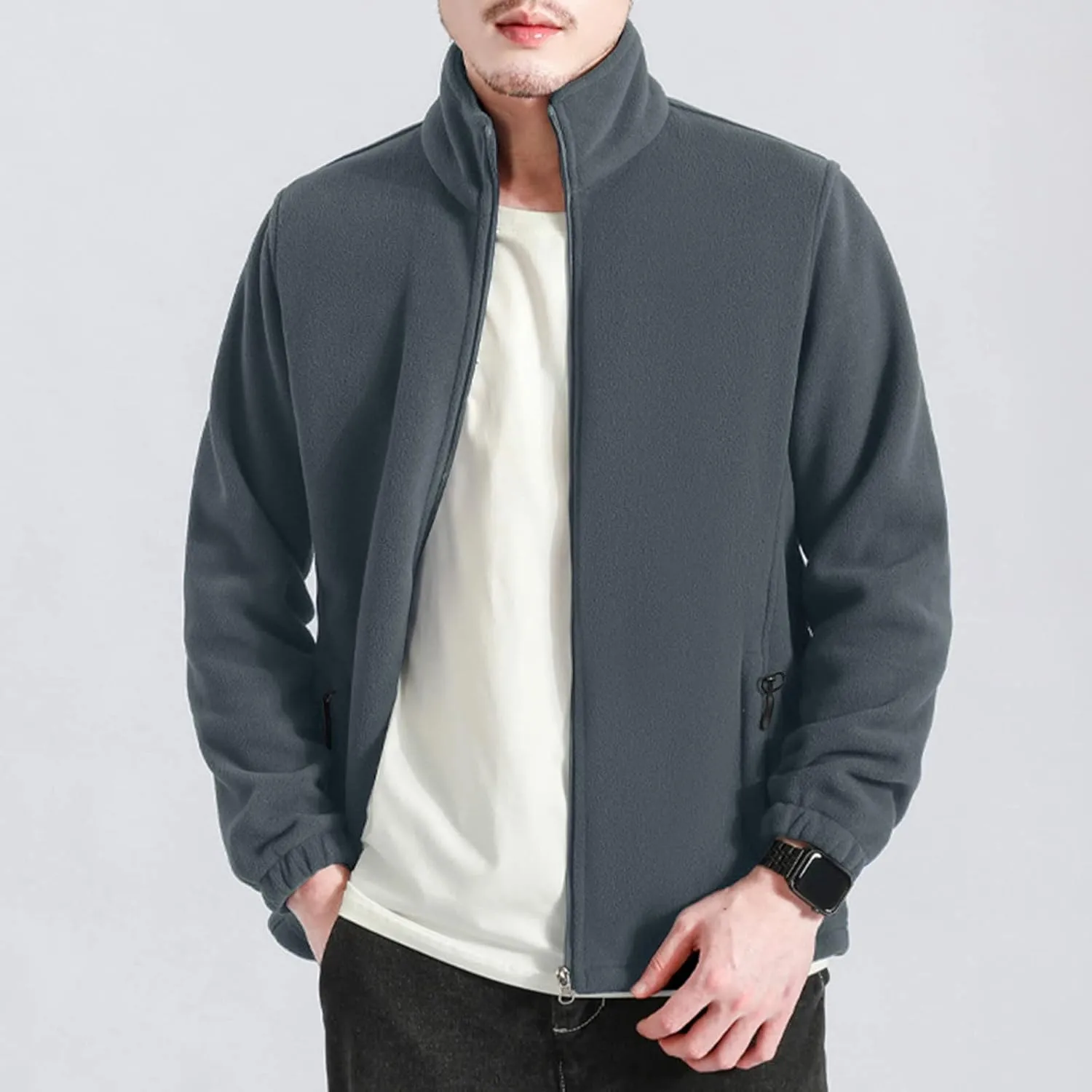 MIDOO Fleece Jacket Mens Full Zip Casual Collar Warm Cardigan Coat Jacket Solid Color Zipper Soft Top Coats for Men Winter