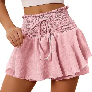 Mini Skirts for Women Summer Boho Cotton Linen Elastic Waist Tiered Ruffle Skorts Vingtage Beach Vacation Skirt