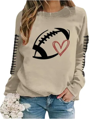Mmoneyake Football Sweatshirts for Women Game Day Heart Football Graphic Hoodies Pullover Crew Neck Long Sleeve Mom Shirts