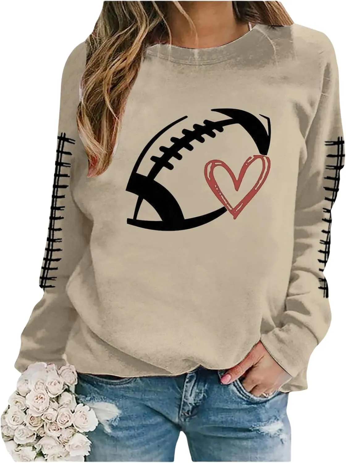 Mmoneyake Football Sweatshirts for Women Game Day Heart Football Graphic Hoodies Pullover Crew Neck Long Sleeve Mom Shirts