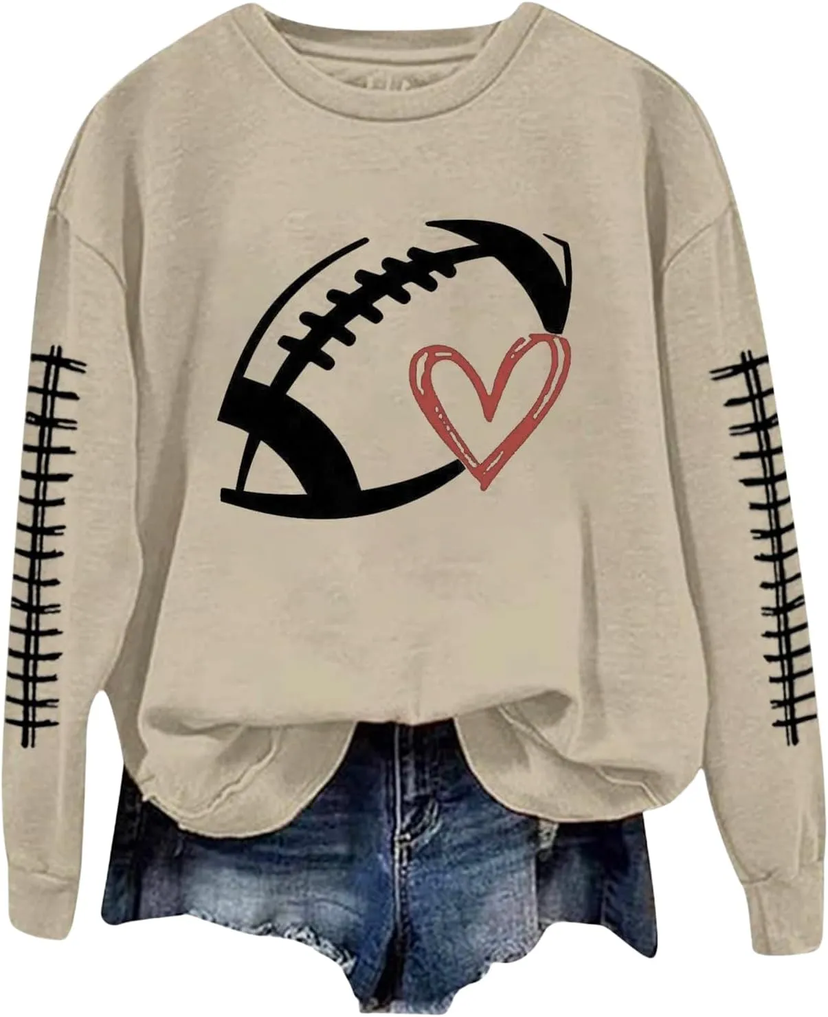 Mmoneyake Football Sweatshirts for Women Game Day Heart Football Graphic Hoodies Pullover Crew Neck Long Sleeve Mom Shirts