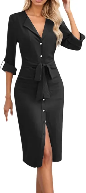 Mother of The Bride Dresses for Women Sexy Elegant Deep V Neck Button Down Tie Waist Business Work Dress Church Outfits