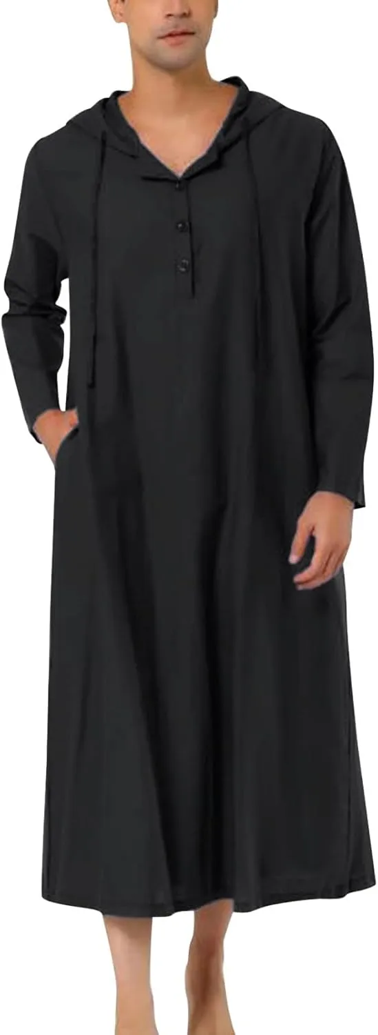 Muslim Thobe for Men Shirts Hoodie Kaftan Casual Button Down Henley Shirt Modest Long Sleeve Gown Eid Islamic Jubbah