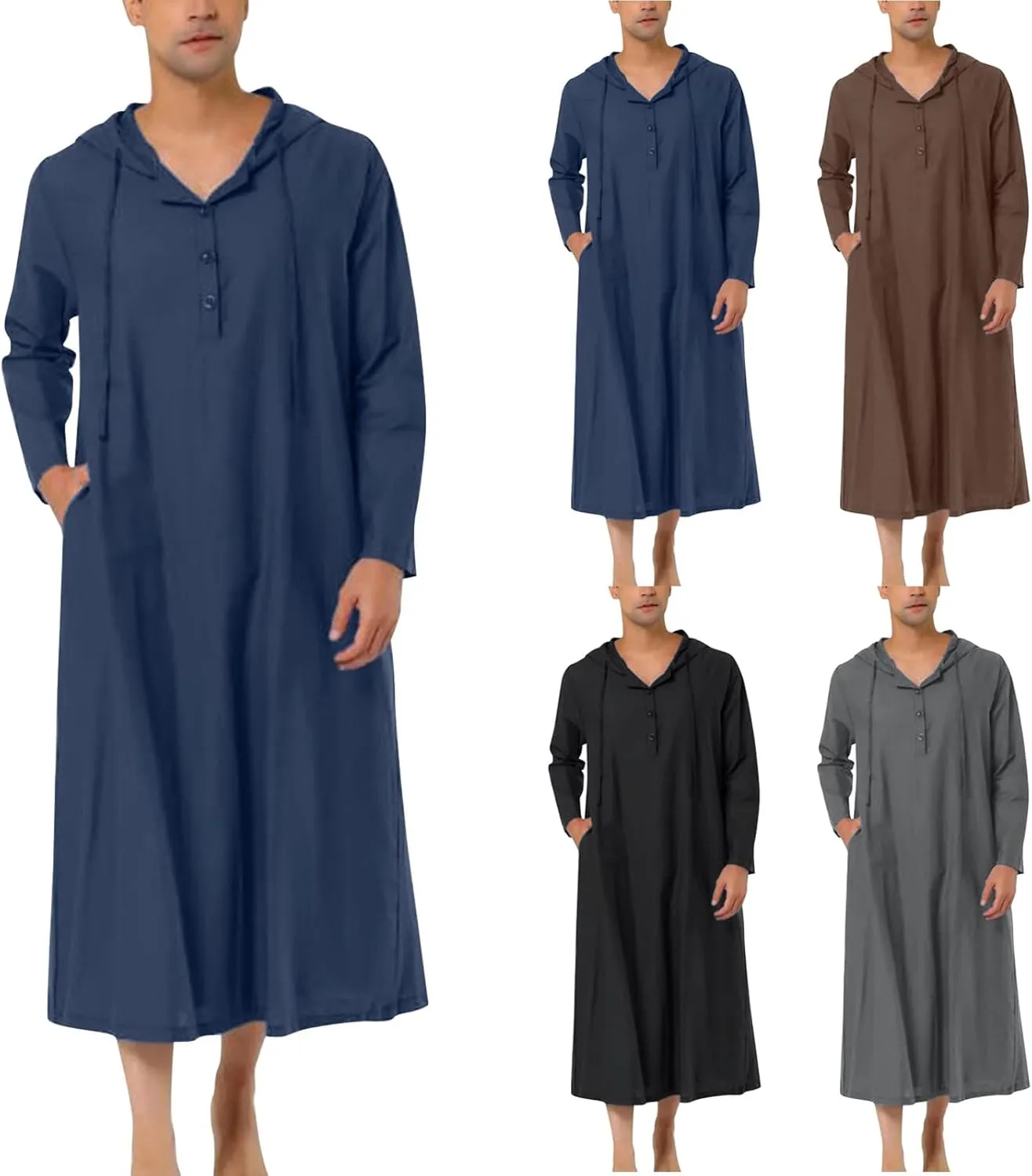 Muslim Thobe for Men Shirts Hoodie Kaftan Casual Button Down Henley Shirt Modest Long Sleeve Gown Eid Islamic Jubbah