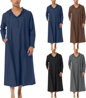 Muslim Thobe for Men Shirts Hoodie Kaftan Casual Button Down Henley Shirt Modest Long Sleeve Gown Eid Islamic Jubbah