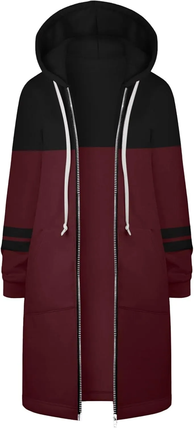 Muyise Women's Casual 2023 Zip Up Hoodies Long Tunic Sweatshirt Lightweight Winter Warm Drawstring Hooded Jacket with Pockets