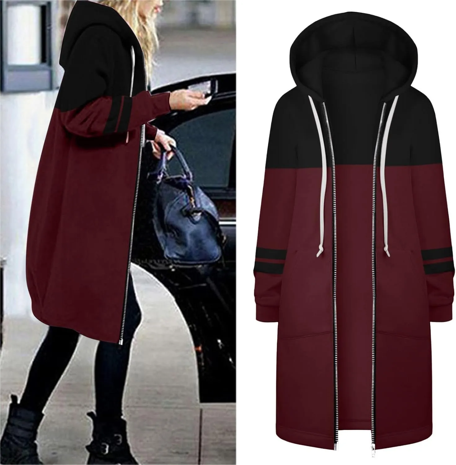 Muyise Women's Casual 2023 Zip Up Hoodies Long Tunic Sweatshirt Lightweight Winter Warm Drawstring Hooded Jacket with Pockets