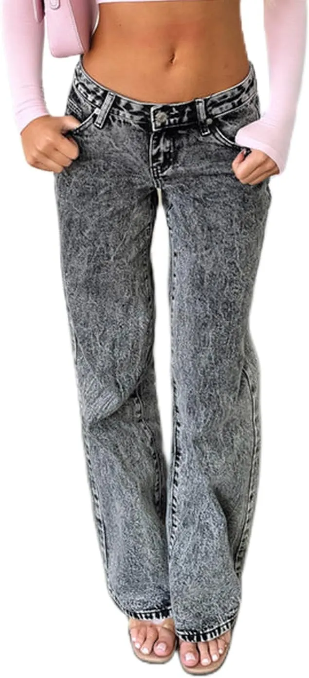 Mxiqqpltky Low Waist Bell Bottom Jeans for Women Y2k Straight Leg Stretch Bootcut Jeans Boyfriend Flare Denim Pants