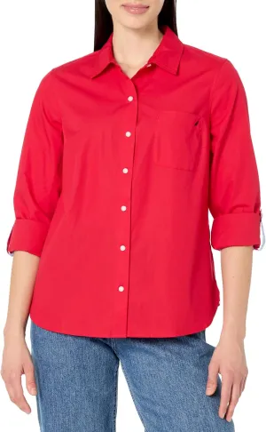 Nautica Women's Button Front Long Sleeve Roll Tab Shirt