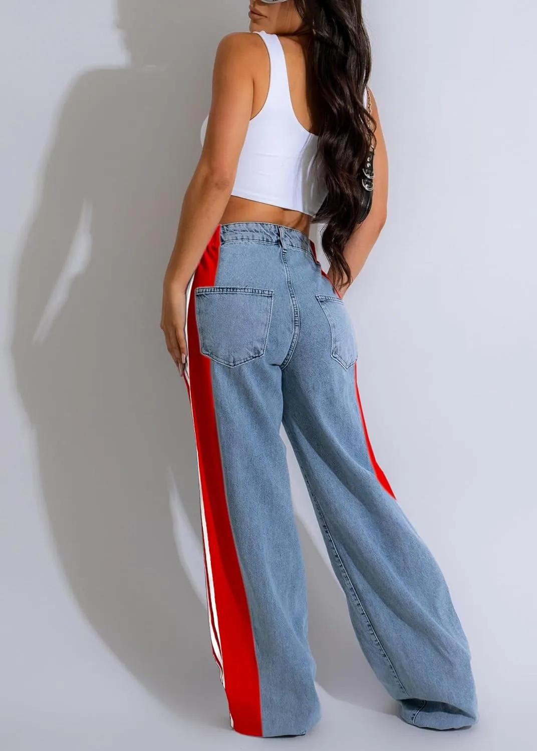 Nihsatin Women's Two Tone Jeans Wide Leg High Waisted Stretchy Buttoned Denim Pants
