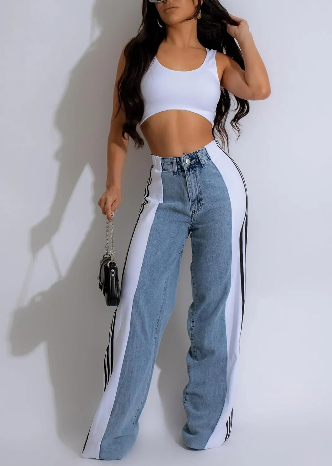 Nihsatin Women's Two Tone Jeans Wide Leg High Waisted Stretchy Buttoned Denim Pants