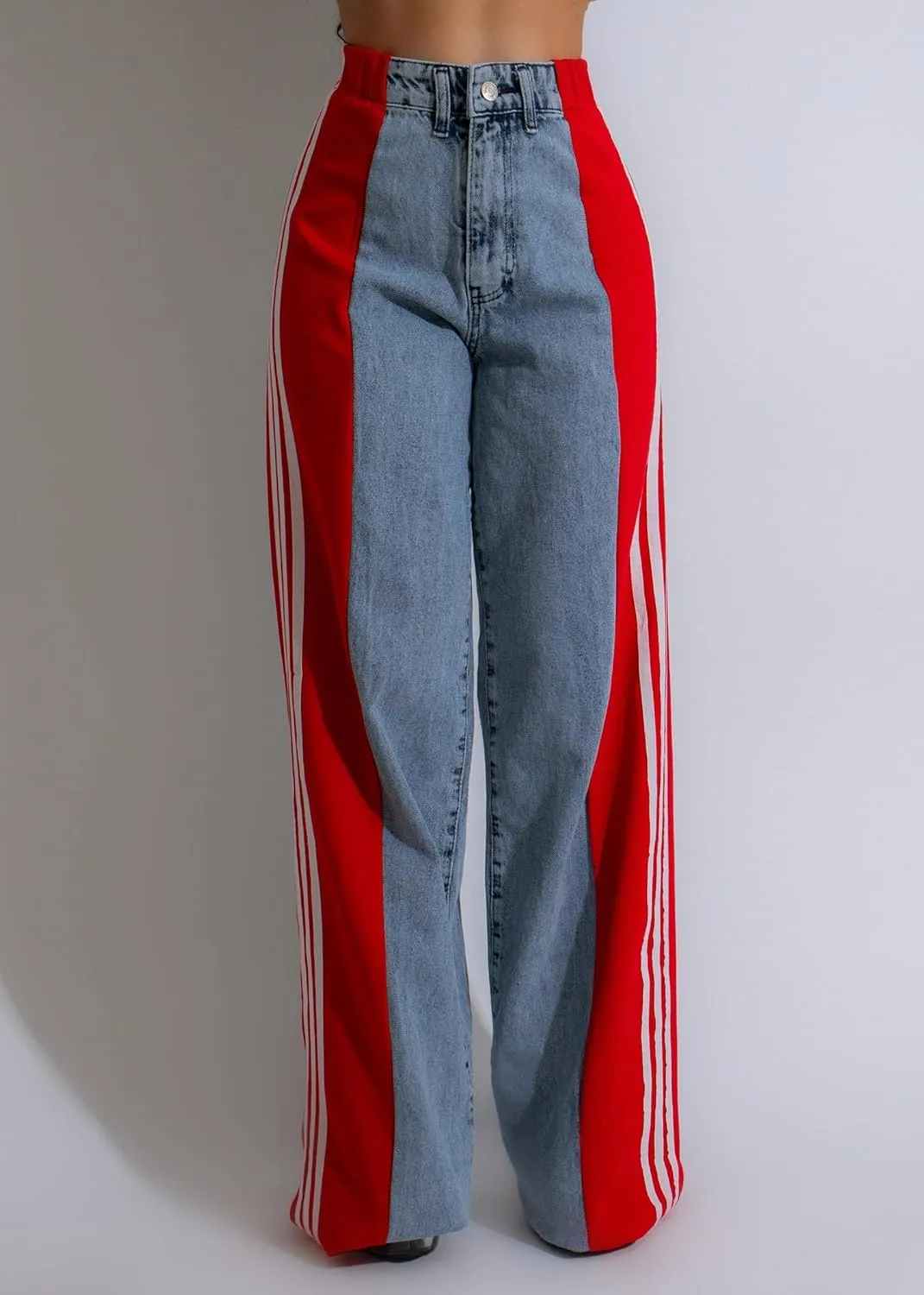 Nihsatin Women's Two Tone Jeans Wide Leg High Waisted Stretchy Buttoned Denim Pants