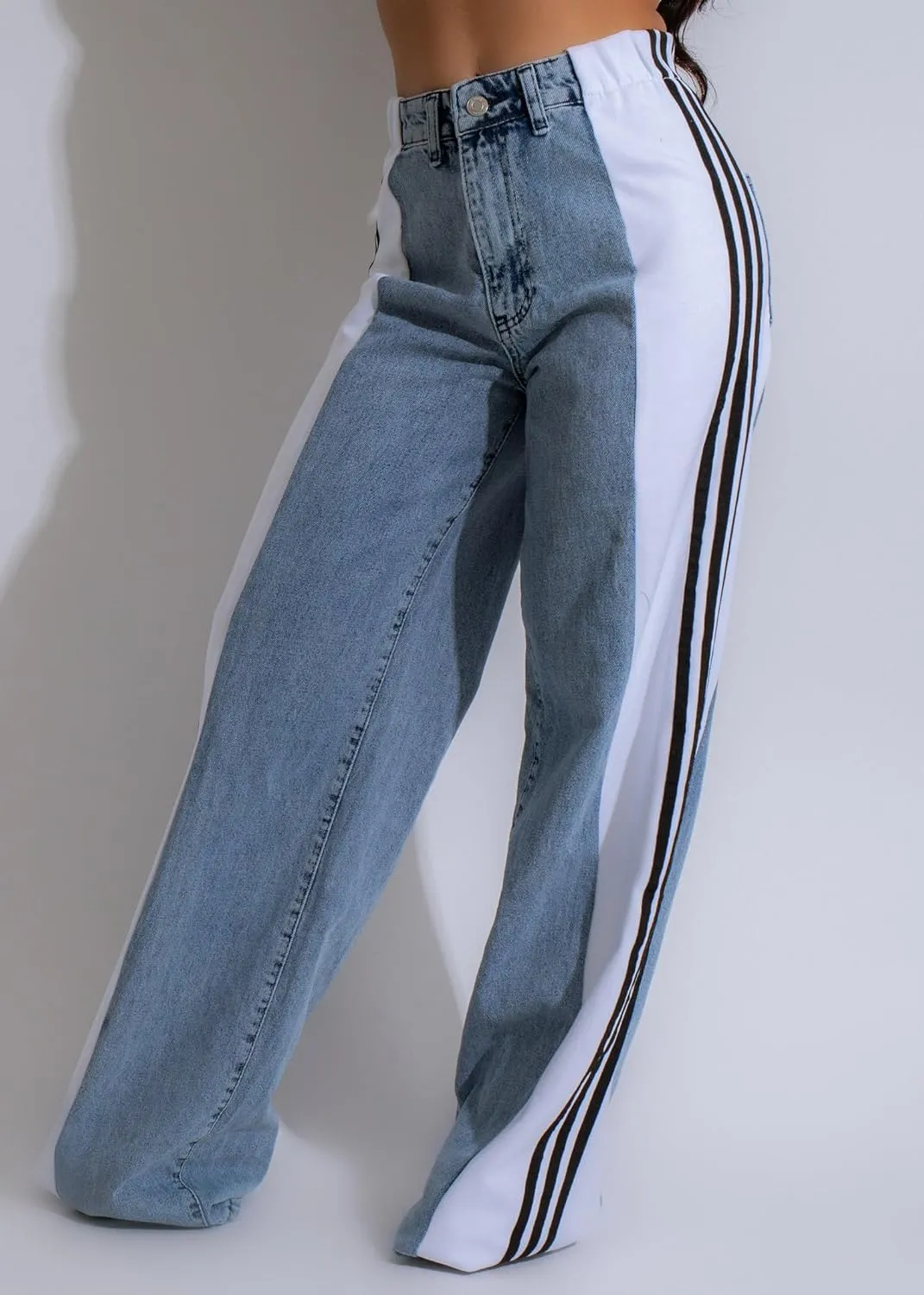 Nihsatin Women's Two Tone Jeans Wide Leg High Waisted Stretchy Buttoned Denim Pants