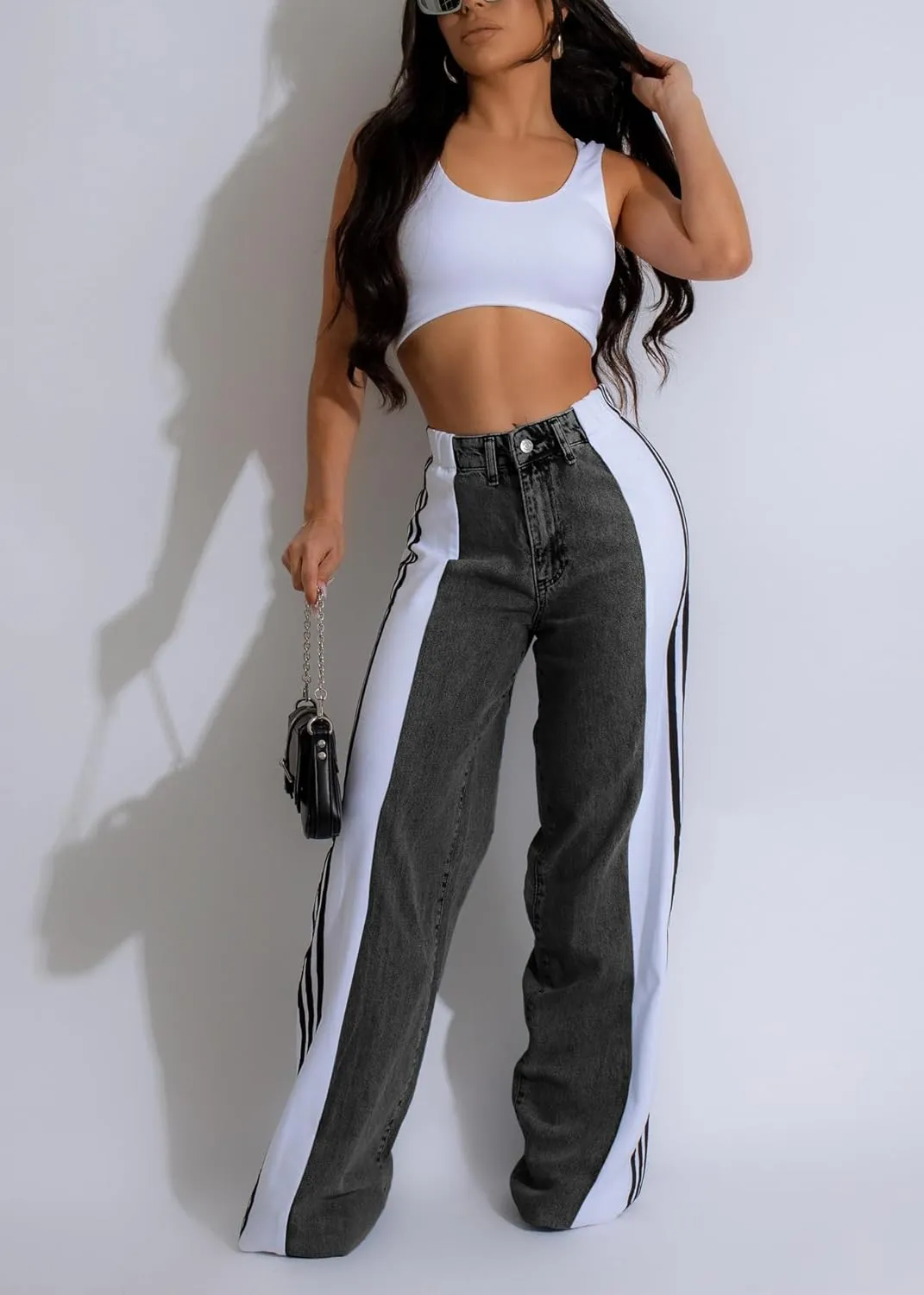 Nihsatin Women's Two Tone Jeans Wide Leg High Waisted Stretchy Buttoned Denim Pants