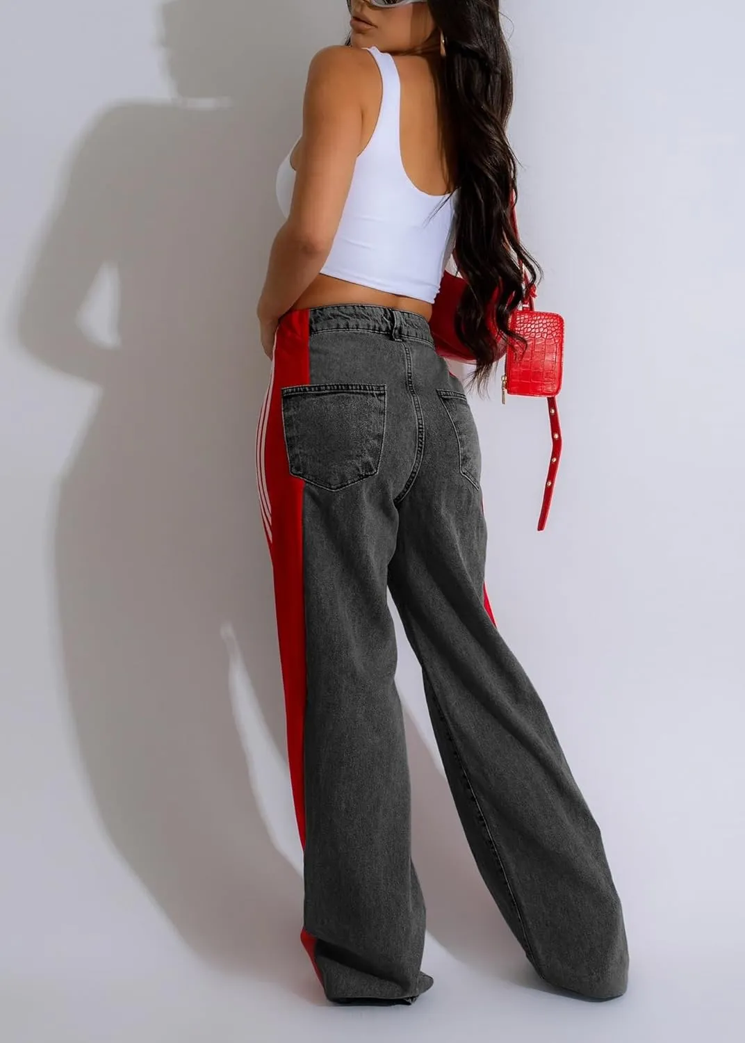 Nihsatin Women's Two Tone Jeans Wide Leg High Waisted Stretchy Buttoned Denim Pants