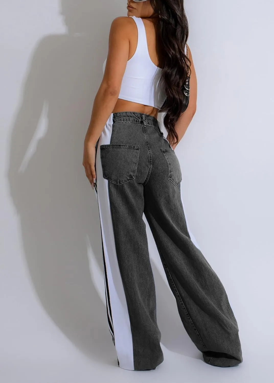 Nihsatin Women's Two Tone Jeans Wide Leg High Waisted Stretchy Buttoned Denim Pants