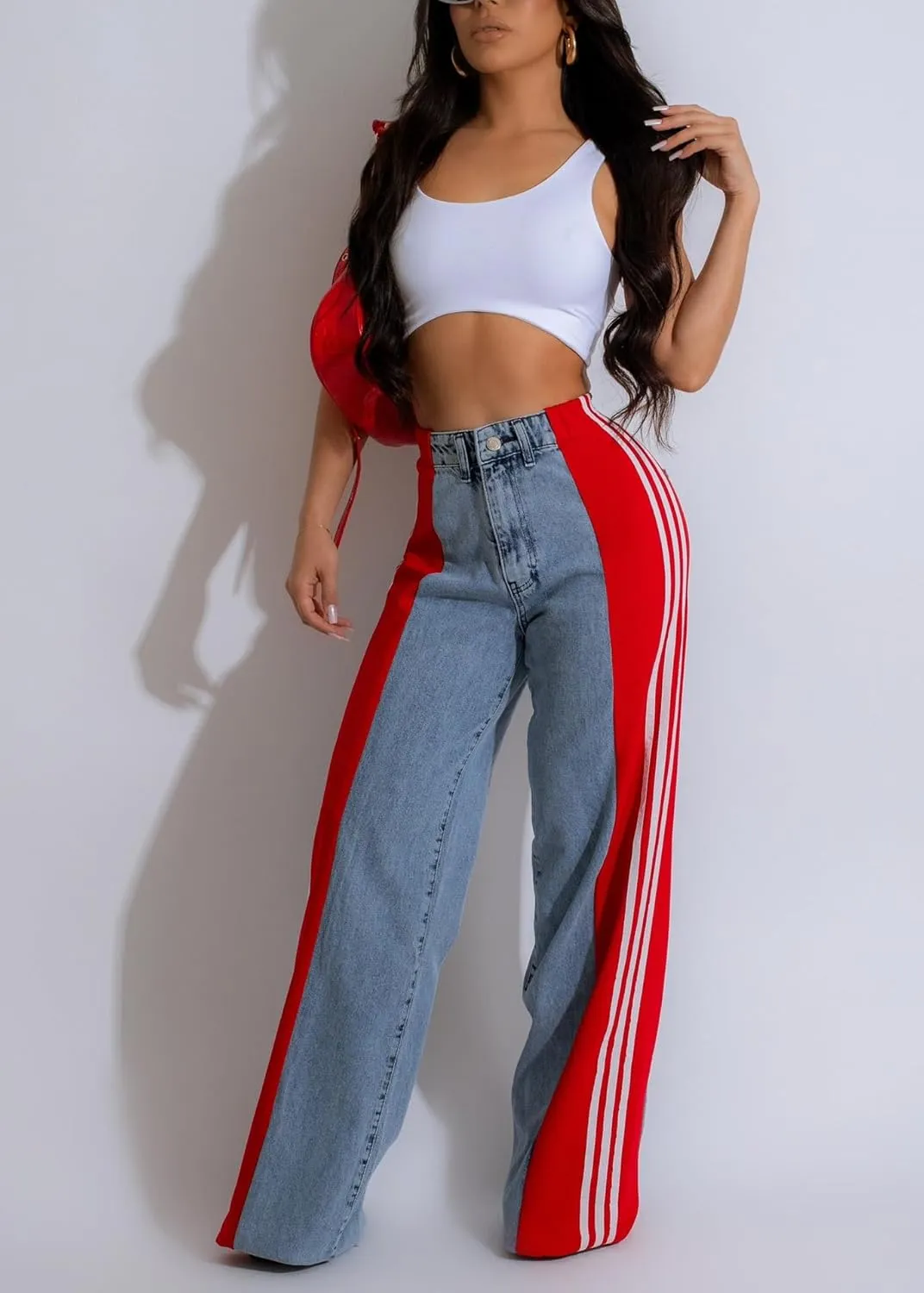 Nihsatin Women's Two Tone Jeans Wide Leg High Waisted Stretchy Buttoned Denim Pants
