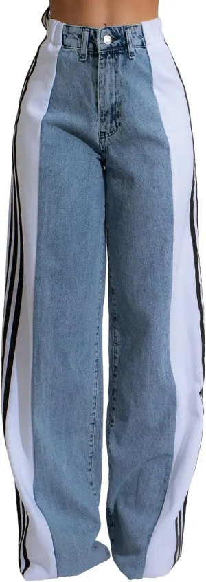 Nihsatin Women's Two Tone Jeans Wide Leg High Waisted Stretchy Buttoned Denim Pants