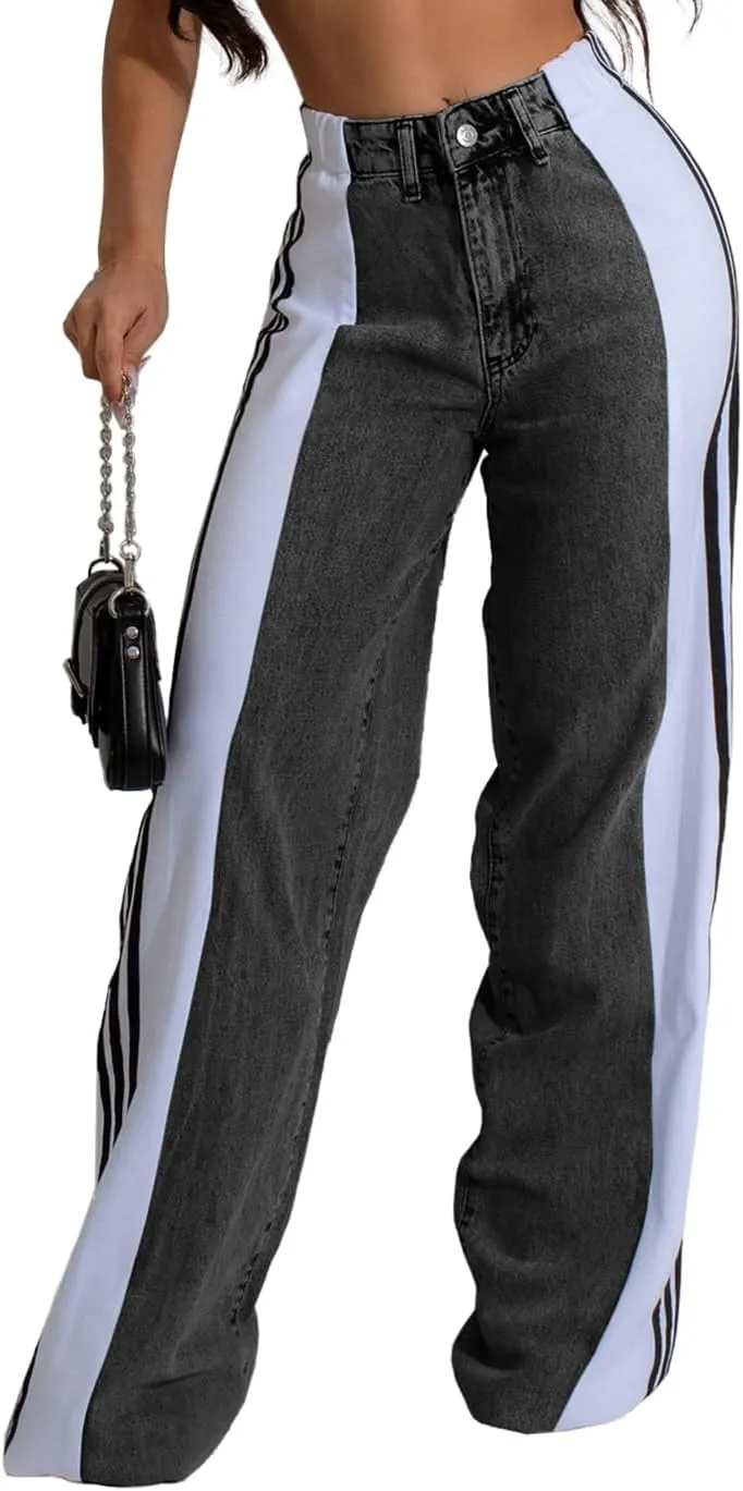Nihsatin Women's Two Tone Jeans Wide Leg High Waisted Stretchy Buttoned Denim Pants