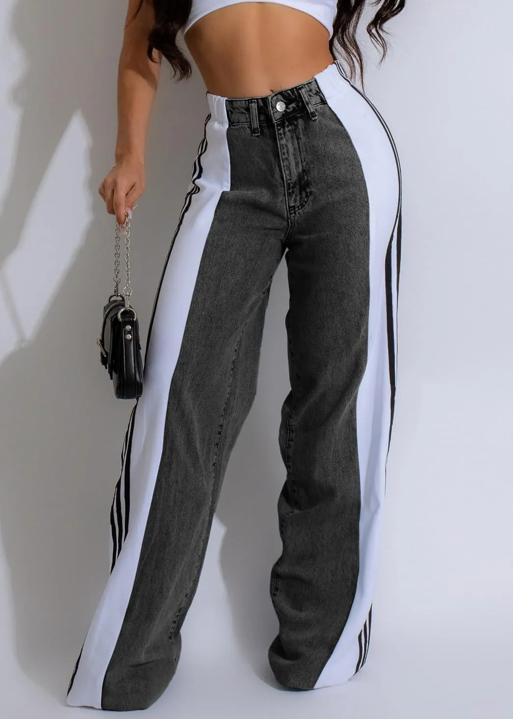 Nihsatin Women's Two Tone Jeans Wide Leg High Waisted Stretchy Buttoned Denim Pants