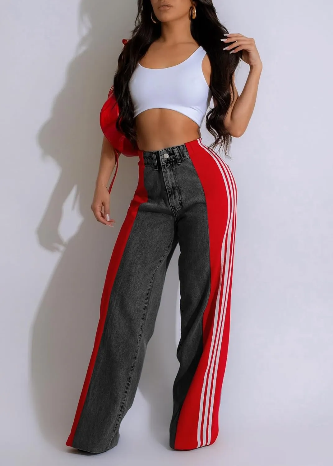 Nihsatin Women's Two Tone Jeans Wide Leg High Waisted Stretchy Buttoned Denim Pants