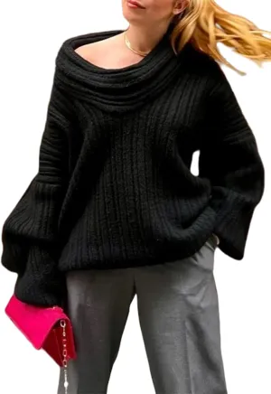 NRTHYE Women Off The Shoulder Sweater Top Long Sleeve Ribbed Knit Chunky Slouchy Asymmetrical Pullover Sweaters
