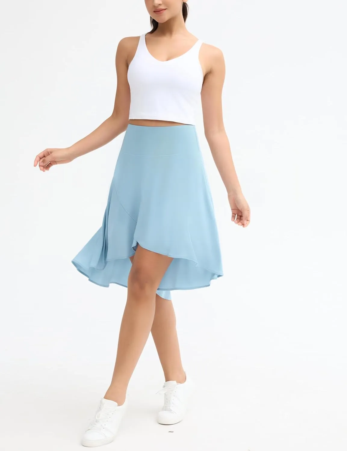 Origiwish Women's High Waist Flowy Midi Skirts Asymmetric Ruffle Hem High Low Skorts with Built-in Shorts