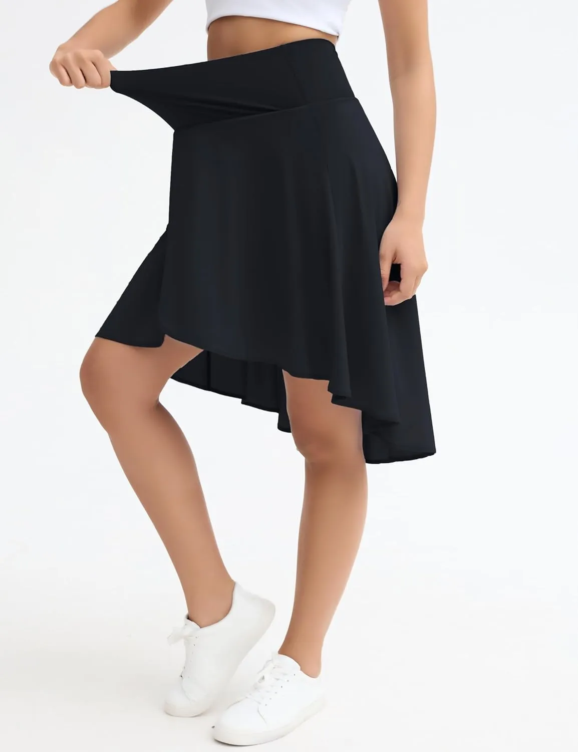 Origiwish Women's High Waist Flowy Midi Skirts Asymmetric Ruffle Hem High Low Skorts with Built-in Shorts