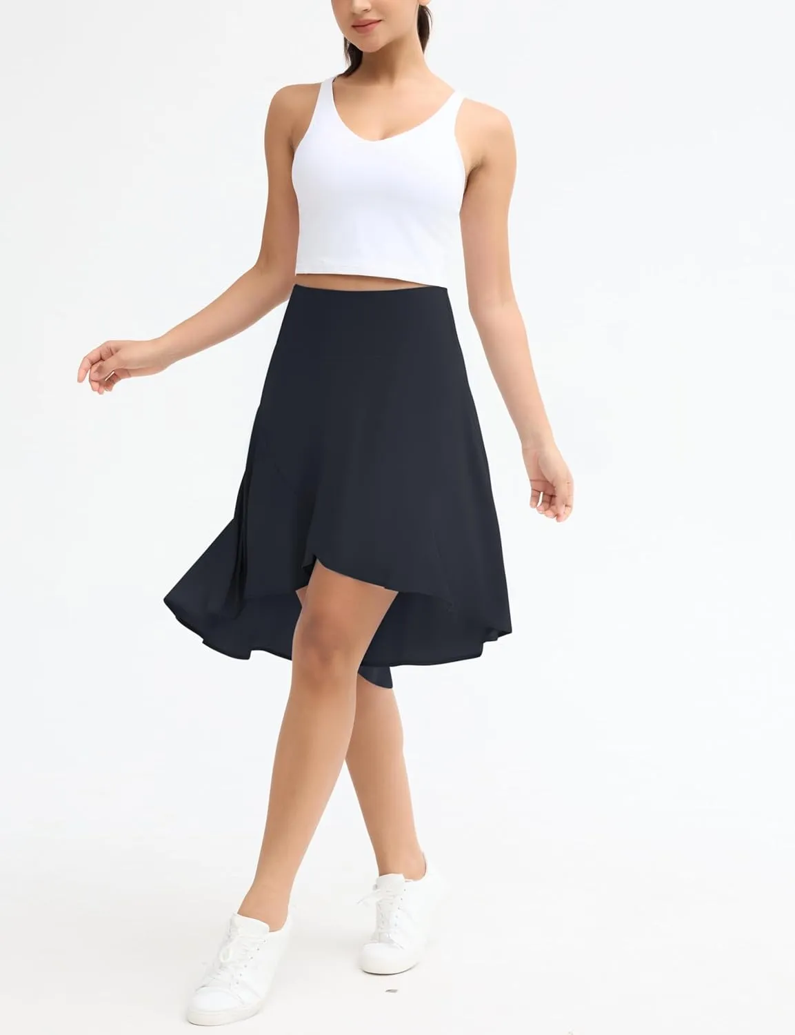 Origiwish Women's High Waist Flowy Midi Skirts Asymmetric Ruffle Hem High Low Skorts with Built-in Shorts
