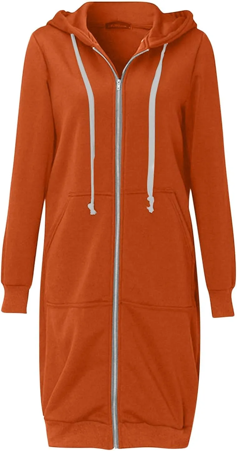 Oversized Hoodies for Women Zip Up Knee Length Tunic Sweatshirts Casual Long Sleeve Spring Hooded Jackets with Pocket