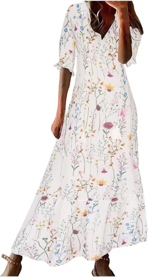 Party Dresses for Women Summer Short Sleeved V Neck Printed Dress Temperament Versatile Spring Layer Skirt