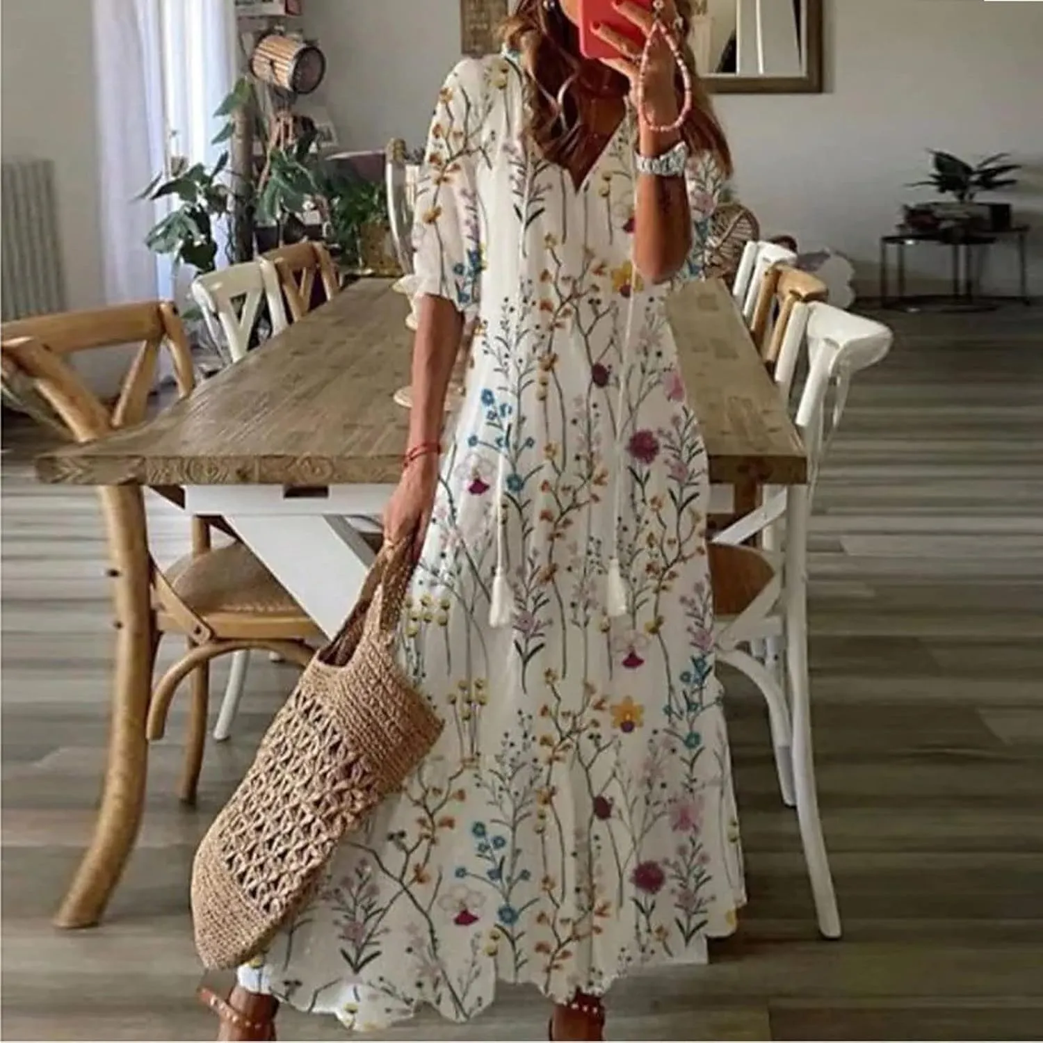 Party Dresses for Women Summer Short Sleeved V Neck Printed Dress Temperament Versatile Spring Layer Skirt
