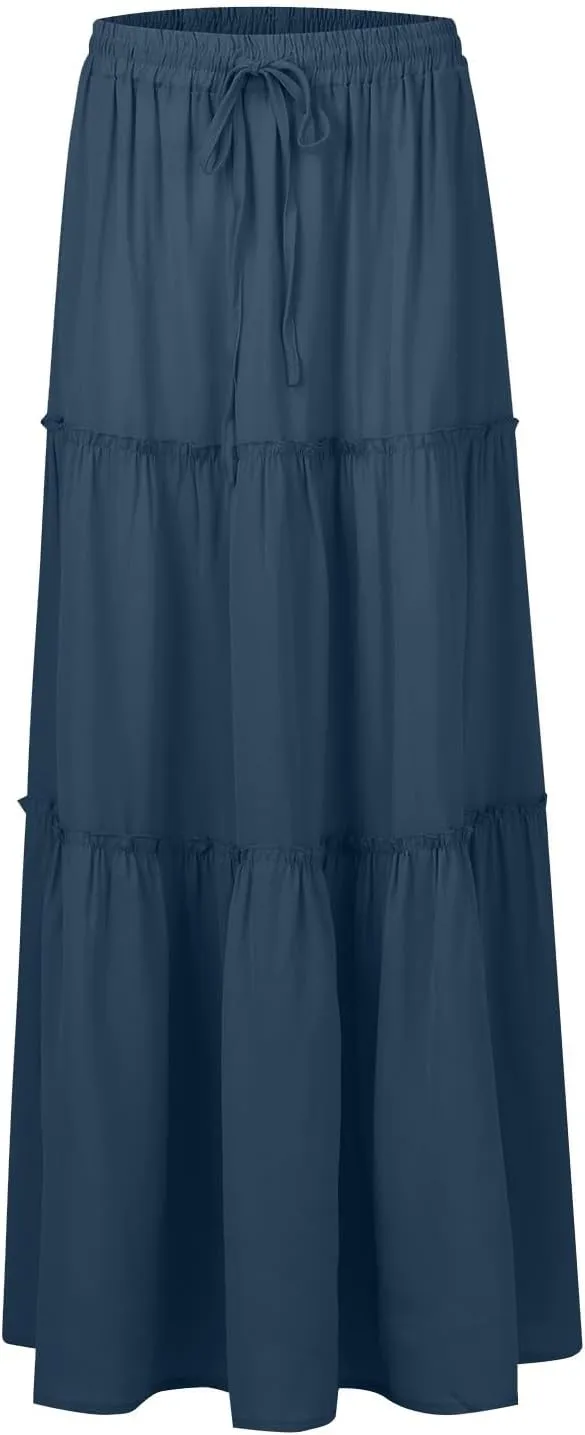 Pleated Maxi Skirts for Women Trendy Tiered Flowy Skirt Drawstring High Waisted Long Skirt A Line Ruffle Skirt