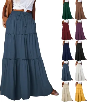 Pleated Maxi Skirts for Women Trendy Tiered Flowy Skirt Drawstring High Waisted Long Skirt A Line Ruffle Skirt
