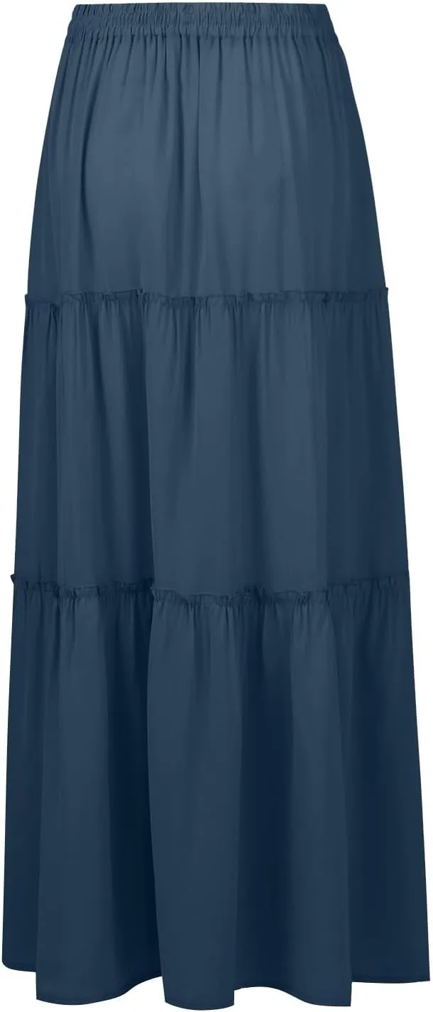 Pleated Maxi Skirts for Women Trendy Tiered Flowy Skirt Drawstring High Waisted Long Skirt A Line Ruffle Skirt