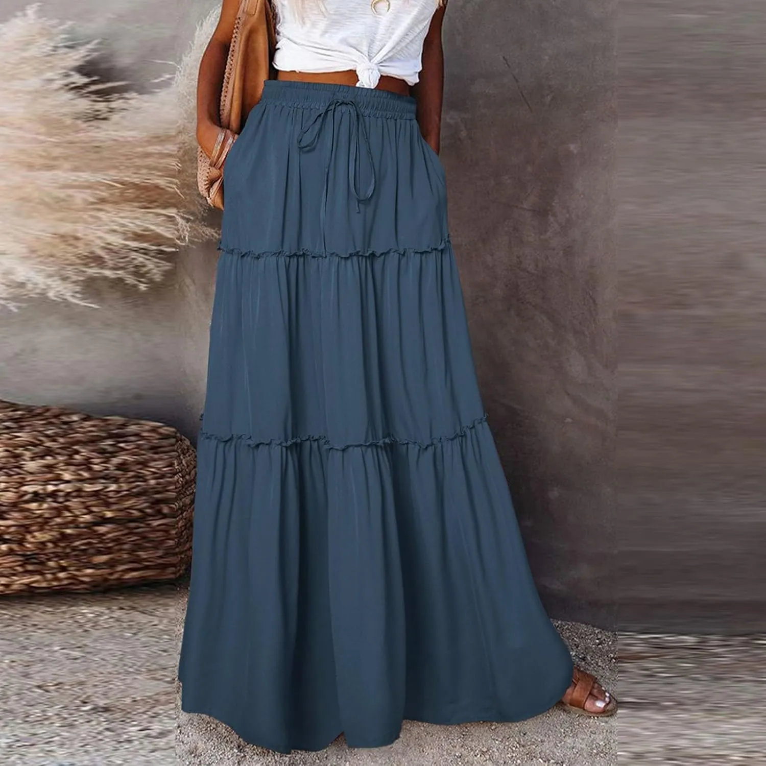 Pleated Maxi Skirts for Women Trendy Tiered Flowy Skirt Drawstring High Waisted Long Skirt A Line Ruffle Skirt
