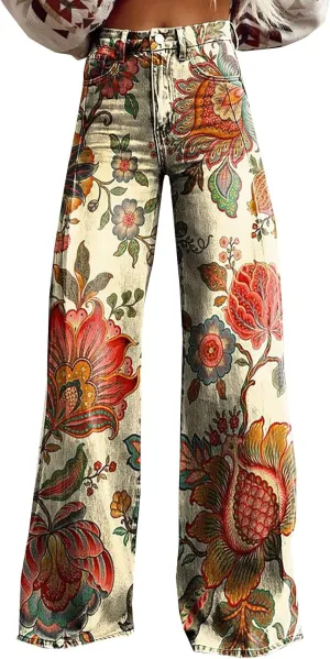 Plus Jeans for Women Plus SizeWomen's Flare Wide Leg Jeans 2025 High Waisted Denim Vintage Floral Printed Pants Casual Colorful Straight Trouser