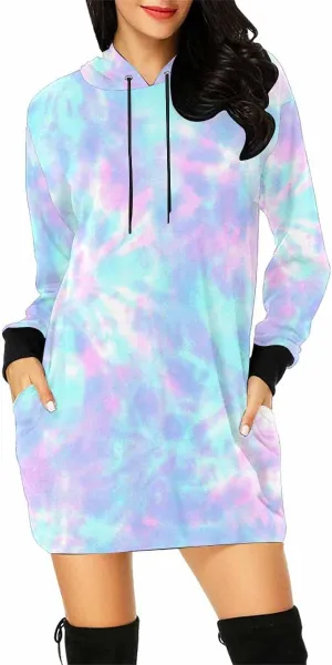 Plus Size Midi Dresses Tie Dye Blue Circle Womens Sweatshirt Dress Long Sleeve Hoodies Mini Dresses Fleece Casual Hoodie