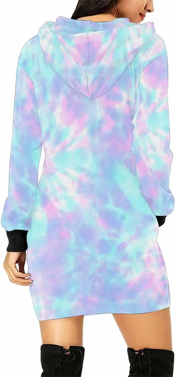 Plus Size Midi Dresses Tie Dye Blue Circle Womens Sweatshirt Dress Long Sleeve Hoodies Mini Dresses Fleece Casual Hoodie