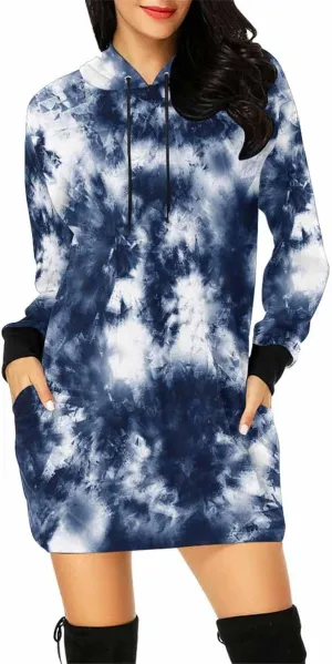 Plus Size Midi Dresses Tie Dye Blue Circle Womens Sweatshirt Dress Long Sleeve Hoodies Mini Dresses Fleece Casual Hoodie